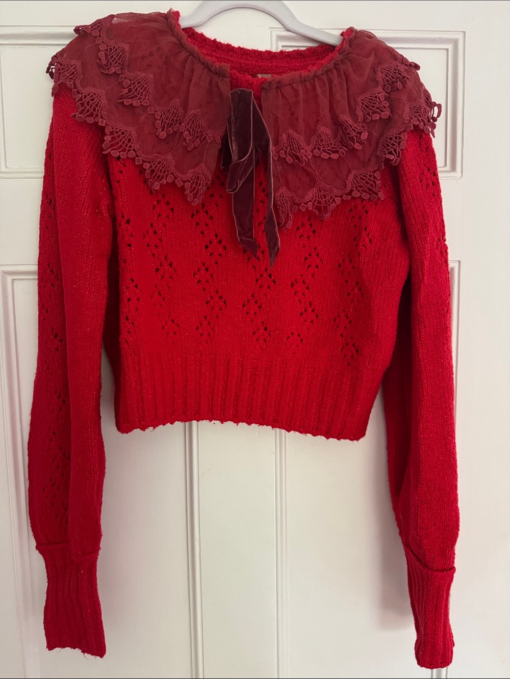 Free People Red Lace-Trim Knit Crewneck Sweater